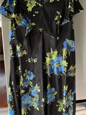 Time and Tru Black Floral Midi Dress with Blue and Green Print